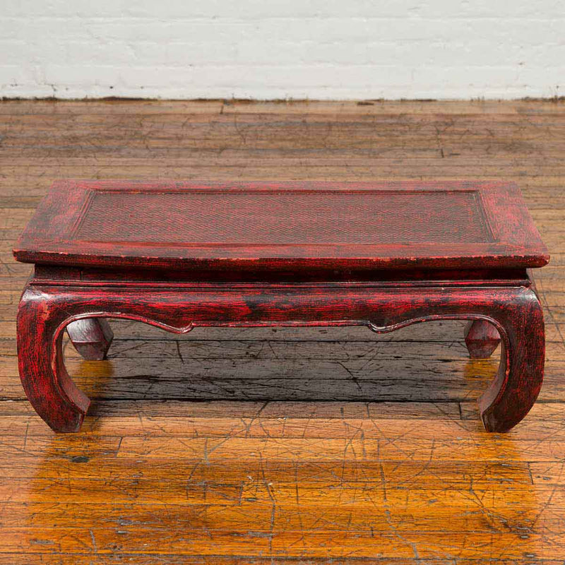 Vintage Thai Red Lacquer Waisted Coffee Table with Rattan Inset and Chow Legs-YN6667-4. Asian & Chinese Furniture, Art, Antiques, Vintage Home Décor for sale at FEA Home