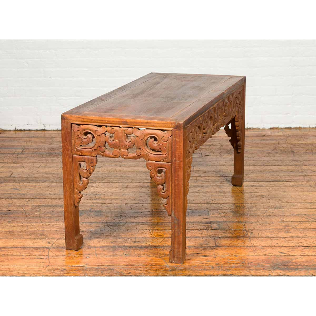 Thai Teak Wood Side Table with Cloud Carved Apron and Horse Hoof Feet-7. Asian &amp; Chinese Furniture, Art, Antiques, Vintage Home Décor for sale at FEA Home