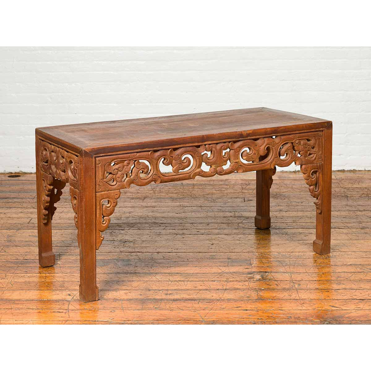 Thai Teak Wood Side Table with Cloud Carved Apron and Horse Hoof Feet-2. Asian & Chinese Furniture, Art, Antiques, Vintage Home Décor for sale at FEA Home