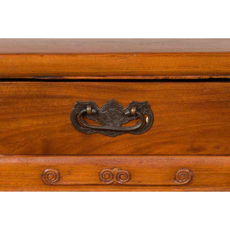 Vintage Chinese Elm Desk with Three Drawers, Iron Hardware and Swirling Motifs-YN6691-12. Asian & Chinese Furniture, Art, Antiques, Vintage Home Décor for sale at FEA Home
