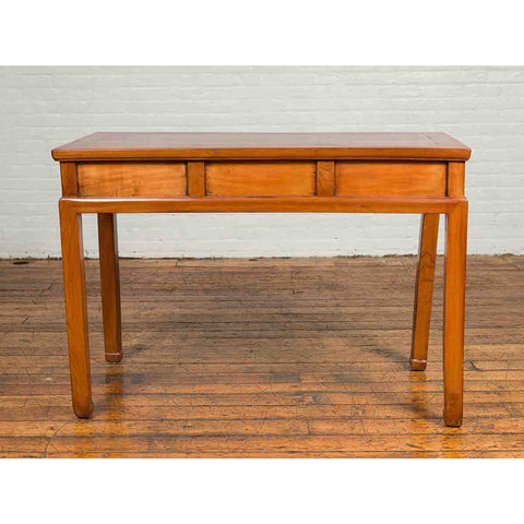 Vintage Chinese Elm Desk with Three Drawers, Iron Hardware and Swirling Motifs-YN6691-9. Asian & Chinese Furniture, Art, Antiques, Vintage Home Décor for sale at FEA Home