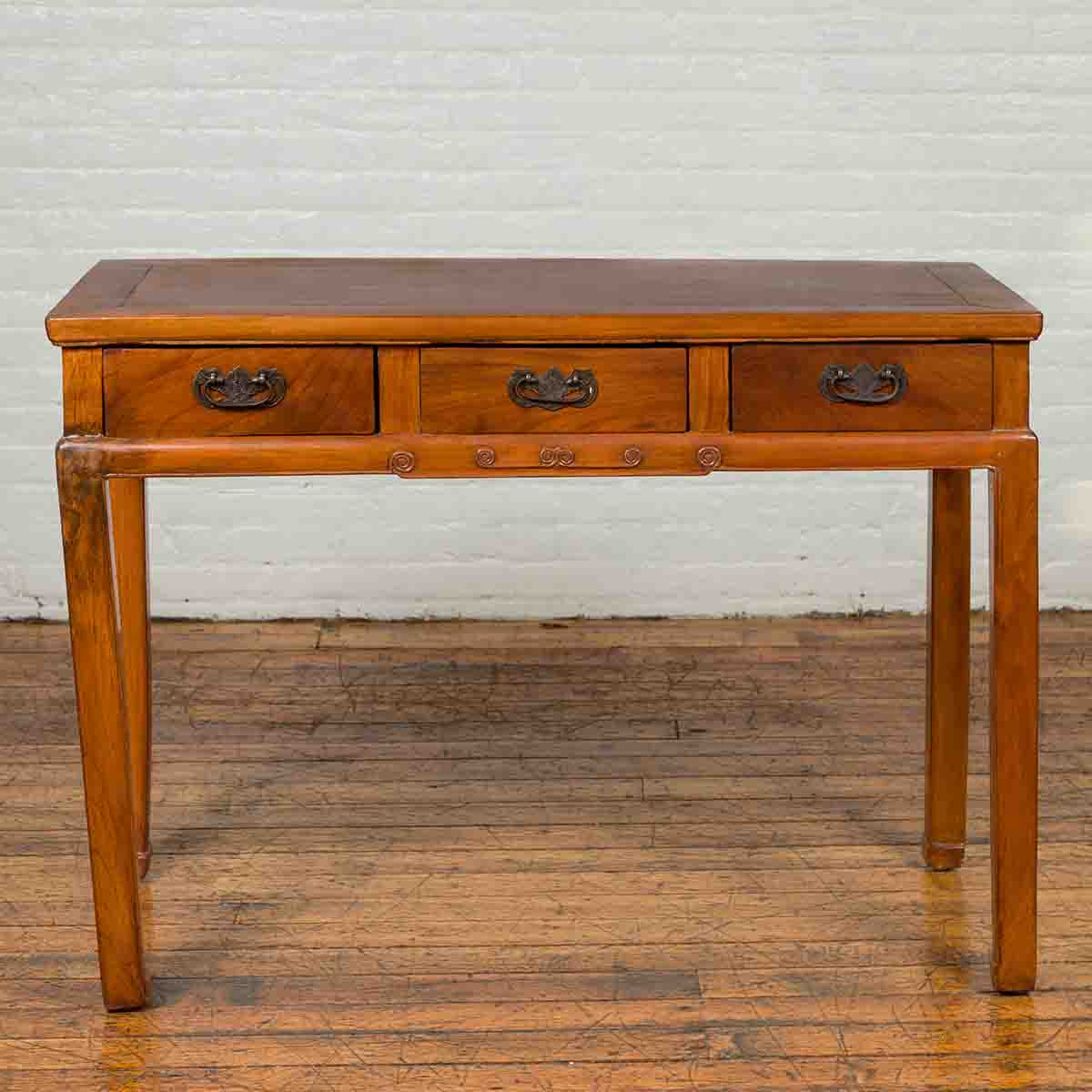 Vintage Chinese Elm Desk with Three Drawers, Iron Hardware and Swirling Motifs-2. Asian & Chinese Furniture, Art, Antiques, Vintage Home Décor for sale at FEA Home