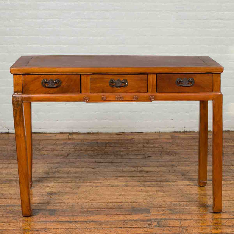 Vintage Chinese Elm Desk with Three Drawers, Iron Hardware and Swirling Motifs-YN6691-2. Asian & Chinese Furniture, Art, Antiques, Vintage Home Décor for sale at FEA Home