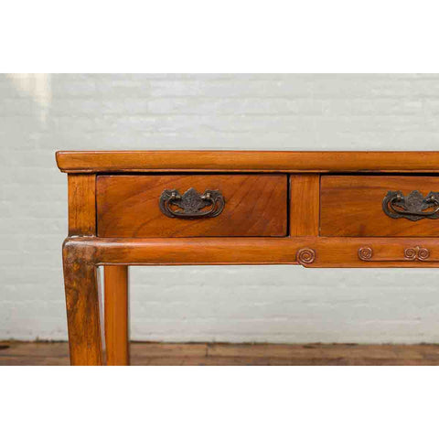 Vintage Chinese Elm Desk with Three Drawers, Iron Hardware and Swirling Motifs-YN6691-5. Asian & Chinese Furniture, Art, Antiques, Vintage Home Décor for sale at FEA Home