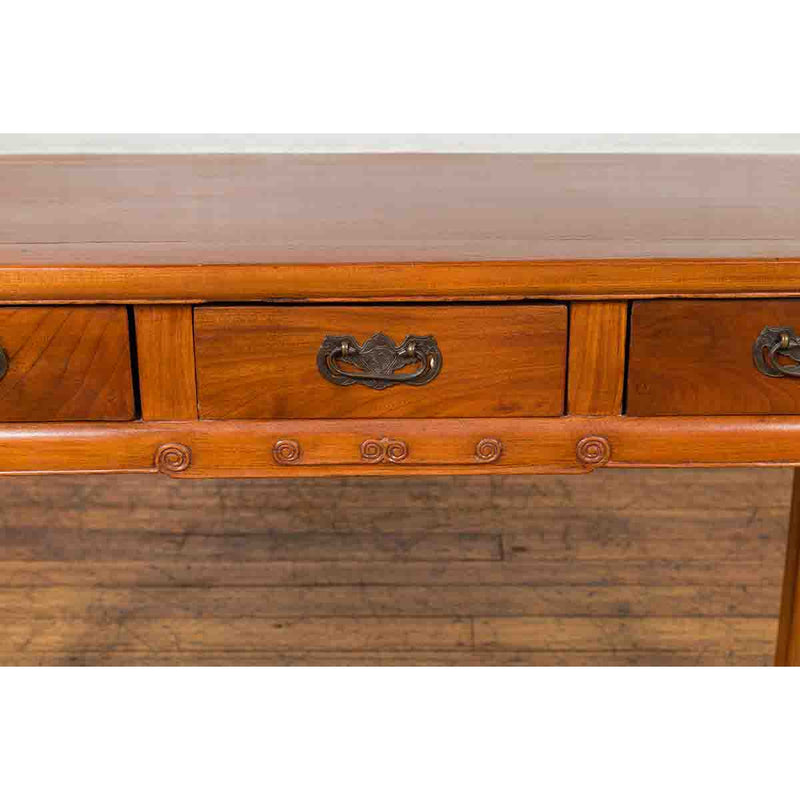 Vintage Chinese Elm Desk with Three Drawers, Iron Hardware and Swirling Motifs-YN6691-6. Asian & Chinese Furniture, Art, Antiques, Vintage Home Décor for sale at FEA Home