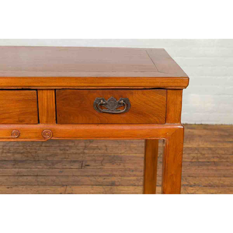 Vintage Chinese Elm Desk with Three Drawers, Iron Hardware and Swirling Motifs-YN6691-7. Asian & Chinese Furniture, Art, Antiques, Vintage Home Décor for sale at FEA Home