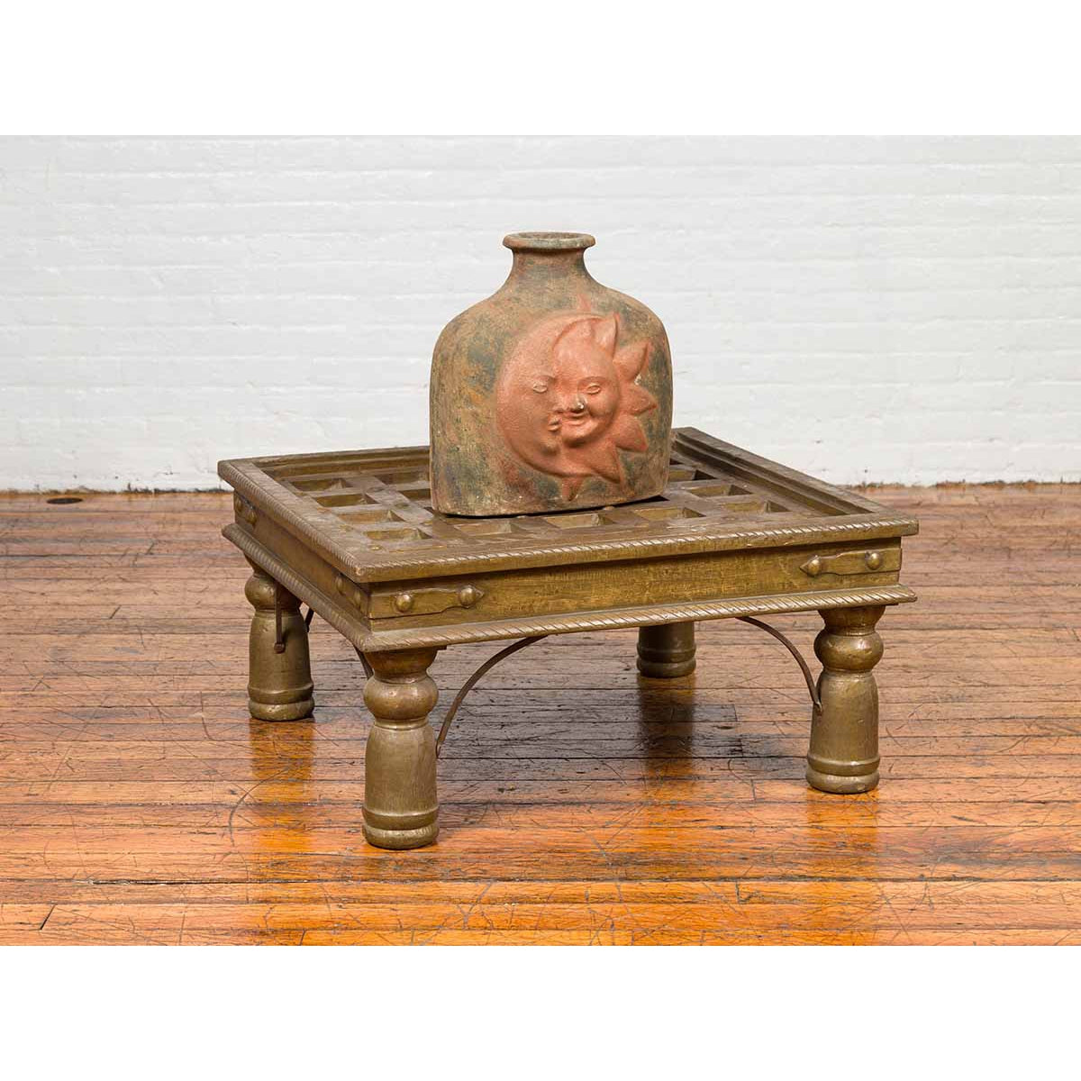 Indian Geometric Top Brass Sheathing Window Grate Made into a Coffee Table-3. Asian &amp; Chinese Furniture, Art, Antiques, Vintage Home Décor for sale at FEA Home