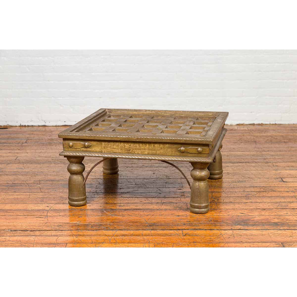 Indian Geometric Top Brass Sheathing Window Grate Made into a Coffee Table-4. Asian &amp; Chinese Furniture, Art, Antiques, Vintage Home Décor for sale at FEA Home
