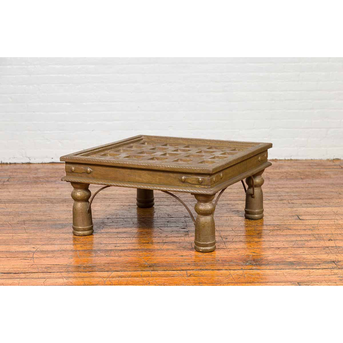Indian Geometric Top Brass Sheathing Window Grate Made into a Coffee Table-5. Asian &amp; Chinese Furniture, Art, Antiques, Vintage Home Décor for sale at FEA Home