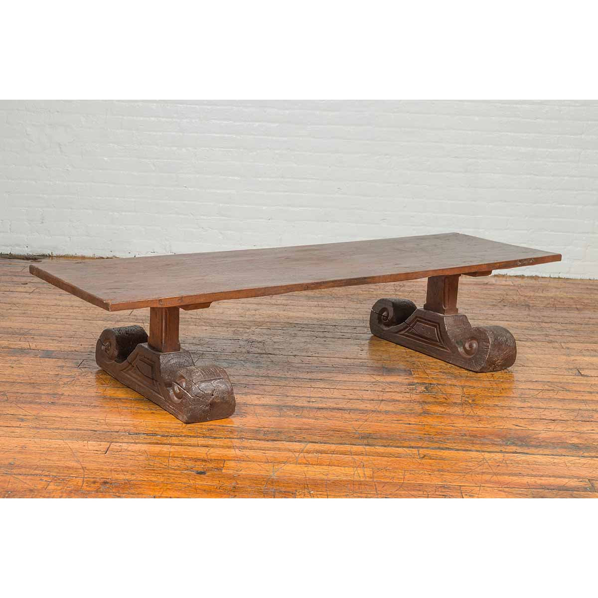 Rustic Chinese 19th Century Elm Coffee Table with Large Scrolling Feet-4. Asian &amp; Chinese Furniture, Art, Antiques, Vintage Home Décor for sale at FEA Home