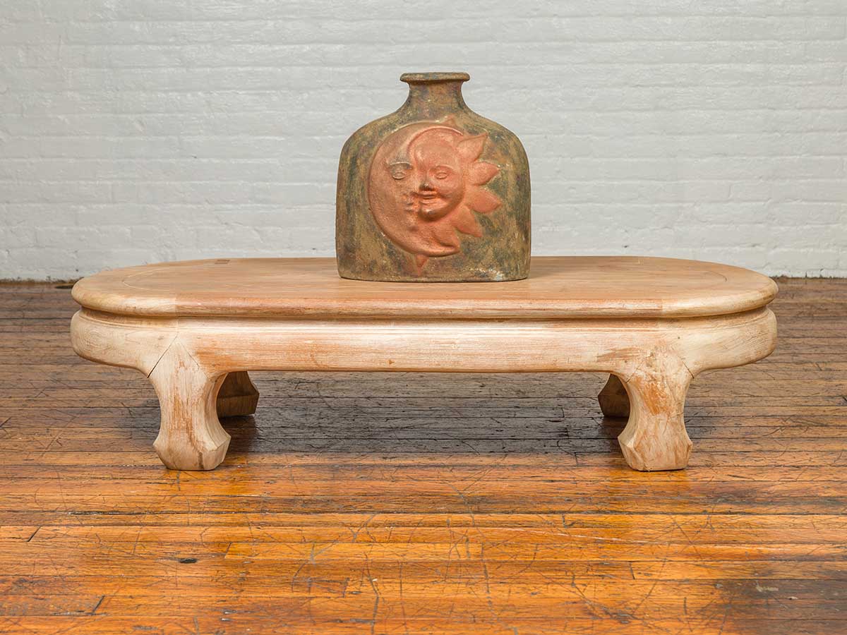 Vintage Thai Teak Oval Top Coffee Table with Whitewash Finish and Chow Legs-3. Asian &amp; Chinese Furniture, Art, Antiques, Vintage Home Décor for sale at FEA Home