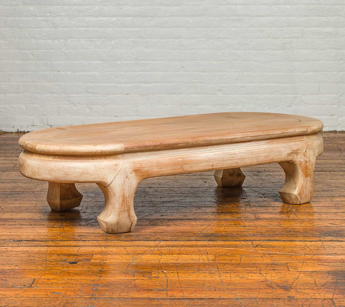Vintage Thai Teak Oval Top Coffee Table with Whitewash Finish and Chow Legs-2. Asian & Chinese Furniture, Art, Antiques, Vintage Home Décor for sale at FEA Home
