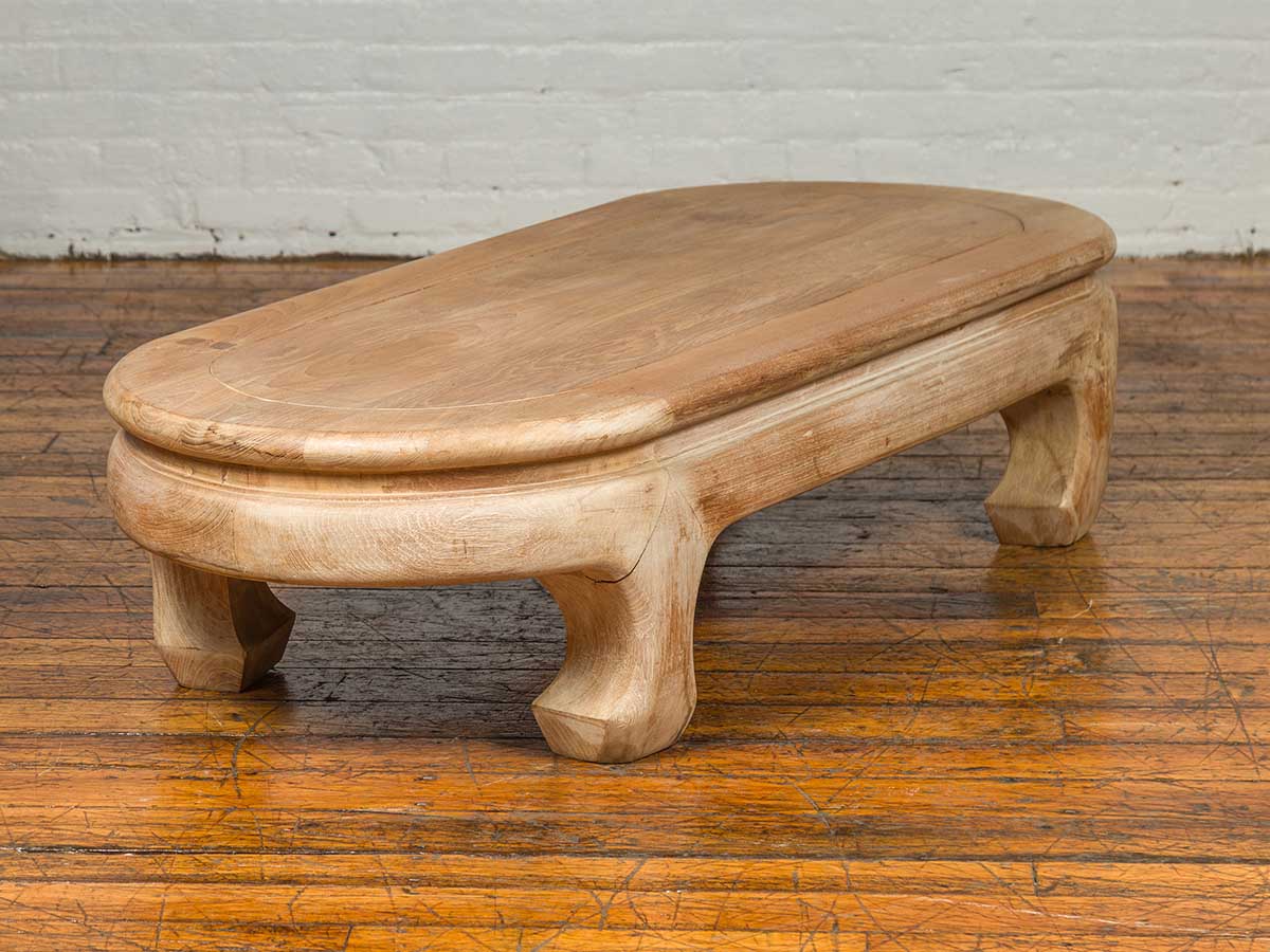 Vintage Thai Teak Oval Top Coffee Table with Whitewash Finish and Chow Legs-6. Asian &amp; Chinese Furniture, Art, Antiques, Vintage Home Décor for sale at FEA Home