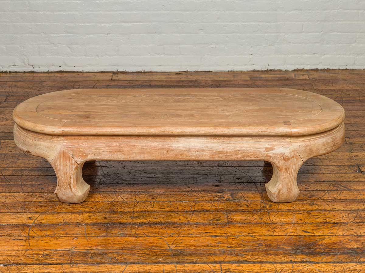 Vintage Thai Teak Oval Top Coffee Table with Whitewash Finish and Chow Legs-5. Asian &amp; Chinese Furniture, Art, Antiques, Vintage Home Décor for sale at FEA Home