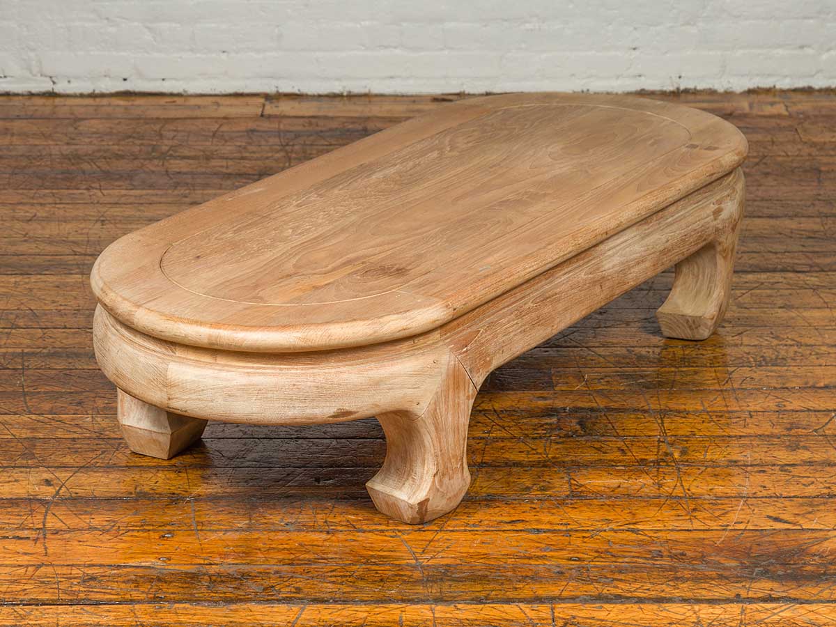 Vintage Thai Teak Oval Top Coffee Table with Whitewash Finish and Chow Legs-8. Asian &amp; Chinese Furniture, Art, Antiques, Vintage Home Décor for sale at FEA Home