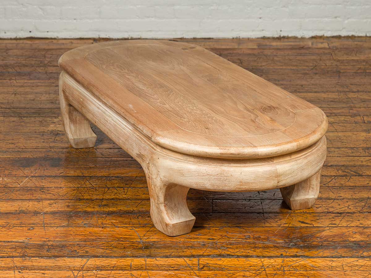 Vintage Thai Teak Oval Top Coffee Table with Whitewash Finish and Chow Legs-9. Asian &amp; Chinese Furniture, Art, Antiques, Vintage Home Décor for sale at FEA Home