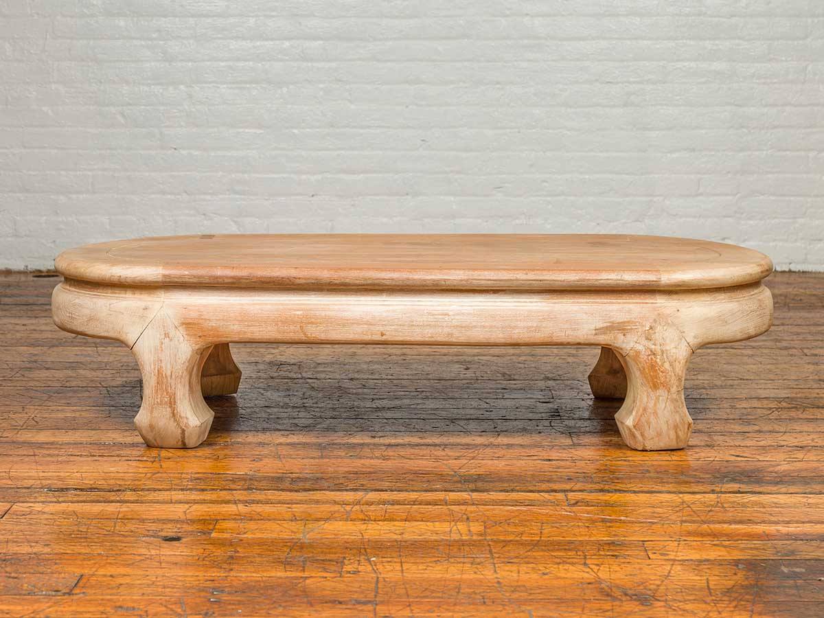 Vintage Thai Teak Oval Top Coffee Table with Whitewash Finish and Chow Legs-10. Asian &amp; Chinese Furniture, Art, Antiques, Vintage Home Décor for sale at FEA Home