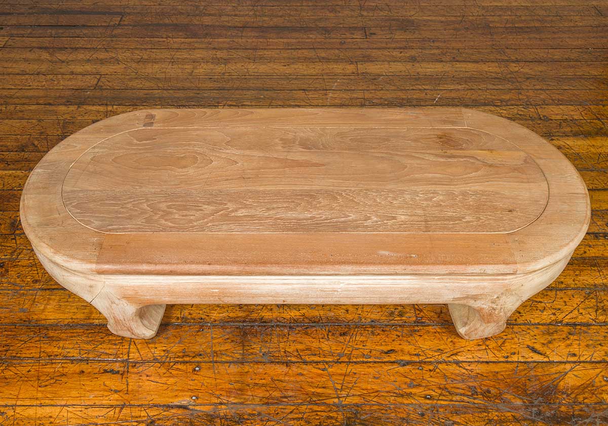 Vintage Thai Teak Oval Top Coffee Table with Whitewash Finish and Chow Legs-4. Asian &amp; Chinese Furniture, Art, Antiques, Vintage Home Décor for sale at FEA Home