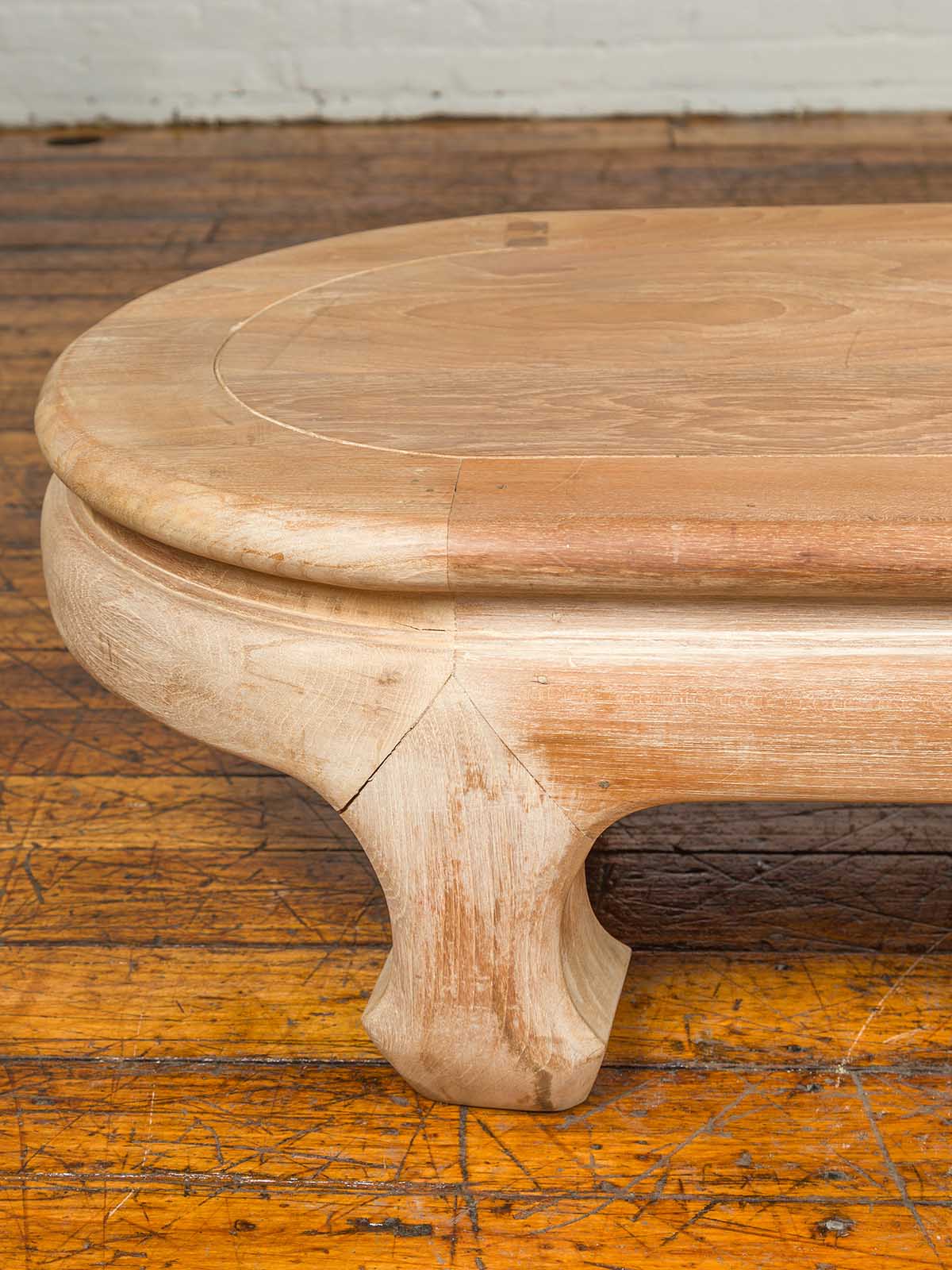 Vintage Thai Teak Oval Top Coffee Table with Whitewash Finish and Chow Legs-11. Asian &amp; Chinese Furniture, Art, Antiques, Vintage Home Décor for sale at FEA Home