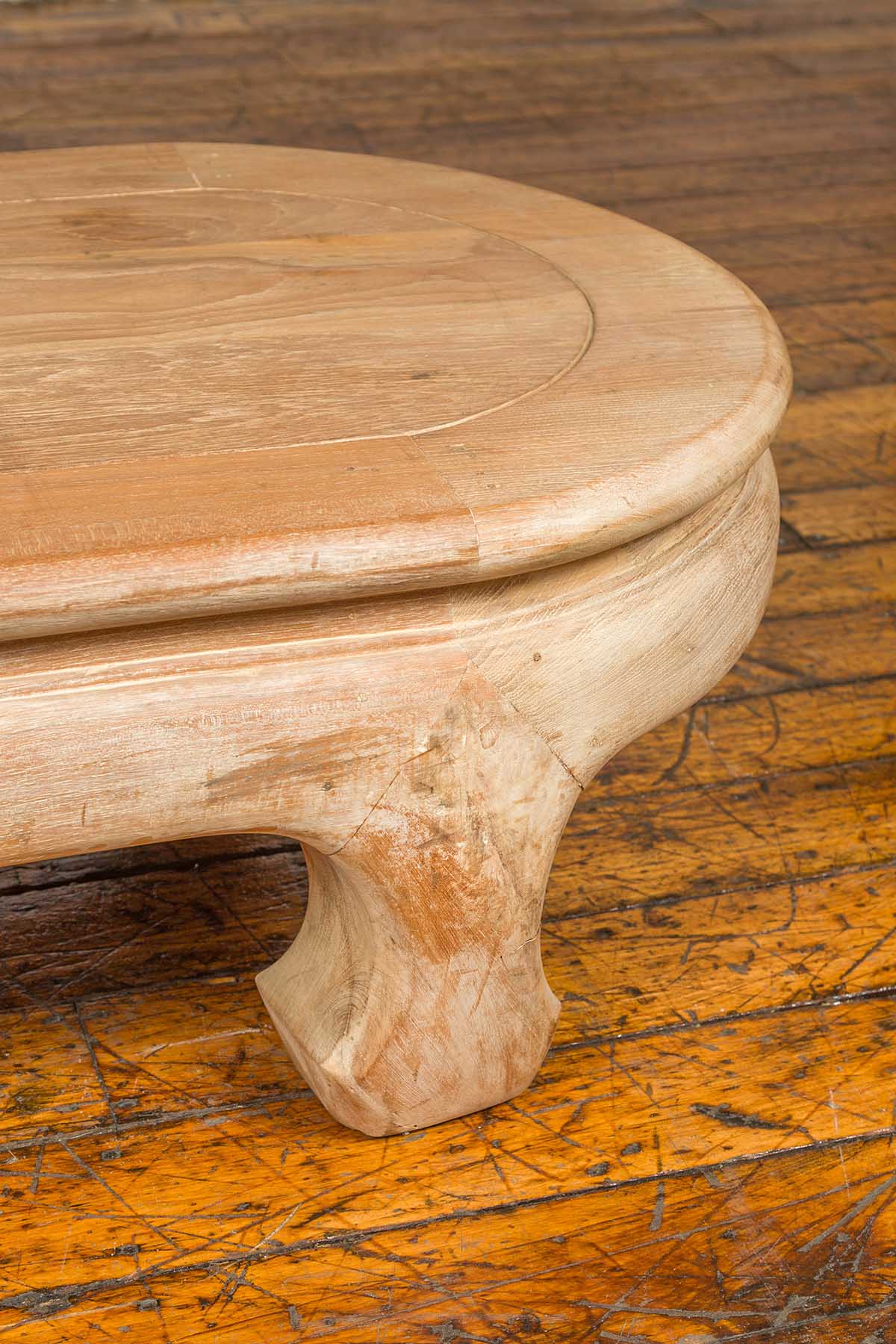 Vintage Thai Teak Oval Top Coffee Table with Whitewash Finish and Chow Legs-12. Asian &amp; Chinese Furniture, Art, Antiques, Vintage Home Décor for sale at FEA Home