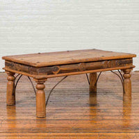 Rustic Indian Sheesham Wood Coffee Table with Nailhead Design and Baluster Legs