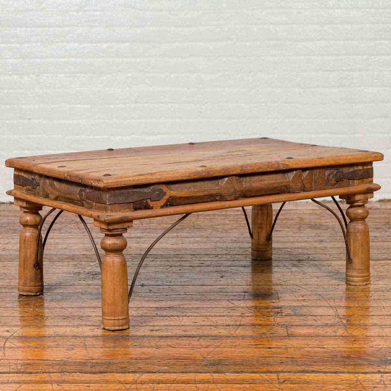 Rustic Indian Sheesham Wood Coffee Table with Nailhead Design and Baluster Legs-YN6706-3. Asian & Chinese Furniture, Art, Antiques, Vintage Home Décor for sale at FEA Home