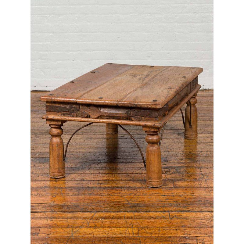 Rustic Indian Sheesham Wood Coffee Table with Nailhead Design and Baluster Legs-YN6706-5. Asian & Chinese Furniture, Art, Antiques, Vintage Home Décor for sale at FEA Home