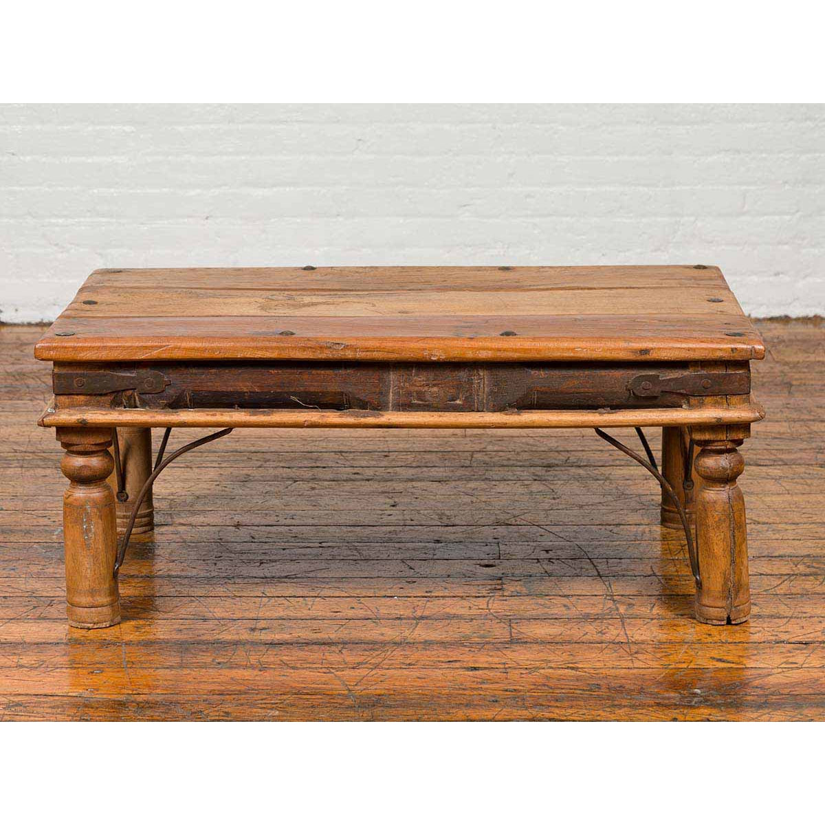 Rustic Indian Sheesham Wood Coffee Table with Nailhead Design and Baluster Legs-6. Asian &amp; Chinese Furniture, Art, Antiques, Vintage Home Décor for sale at FEA Home