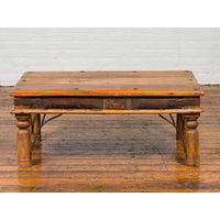 Rustic Indian Sheesham Wood Coffee Table with Nailhead Design and Baluster Legs