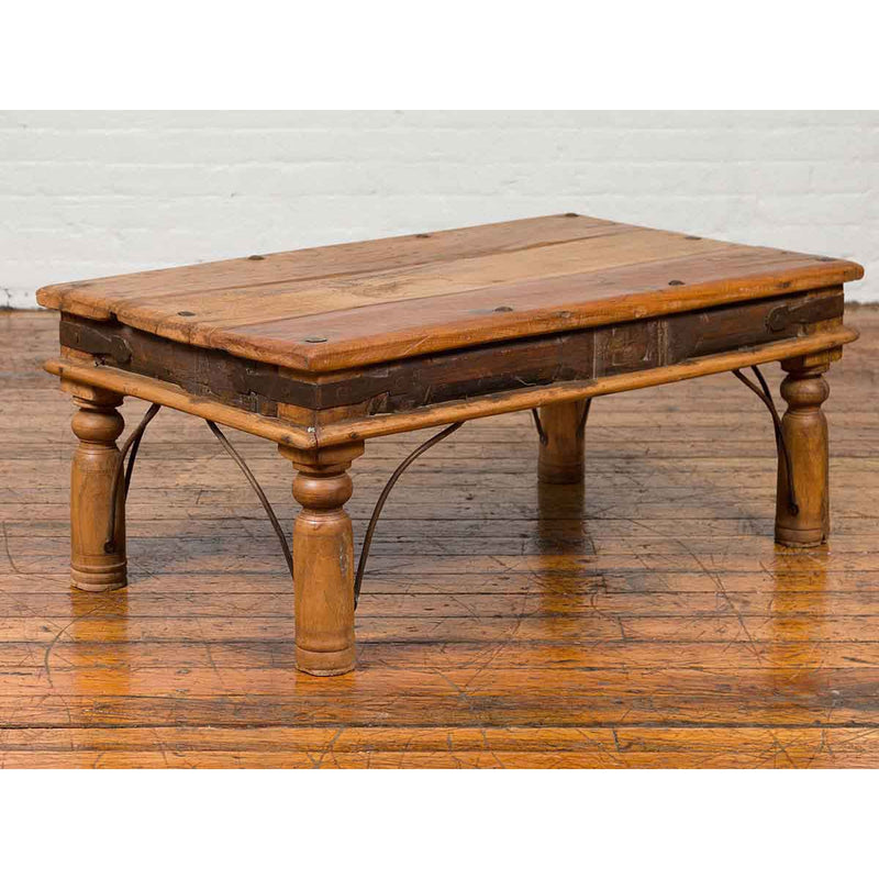Rustic Indian Sheesham Wood Coffee Table with Nailhead Design and Baluster Legs-YN6706-9. Asian & Chinese Furniture, Art, Antiques, Vintage Home Décor for sale at FEA Home