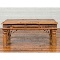 Rustic Indian Sheesham Wood Coffee Table with Nailhead Design and Baluster Legs