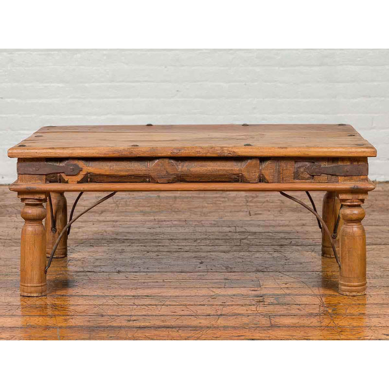 Rustic Indian Sheesham Wood Coffee Table with Nailhead Design and Baluster Legs-YN6706-2. Asian & Chinese Furniture, Art, Antiques, Vintage Home Décor for sale at FEA Home