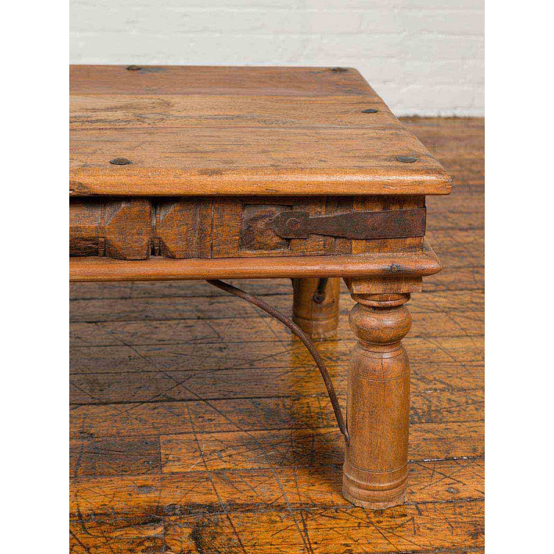 Rustic Indian Sheesham Wood Coffee Table with Nailhead Design and Baluster Legs-YN6706-8. Asian & Chinese Furniture, Art, Antiques, Vintage Home Décor for sale at FEA Home