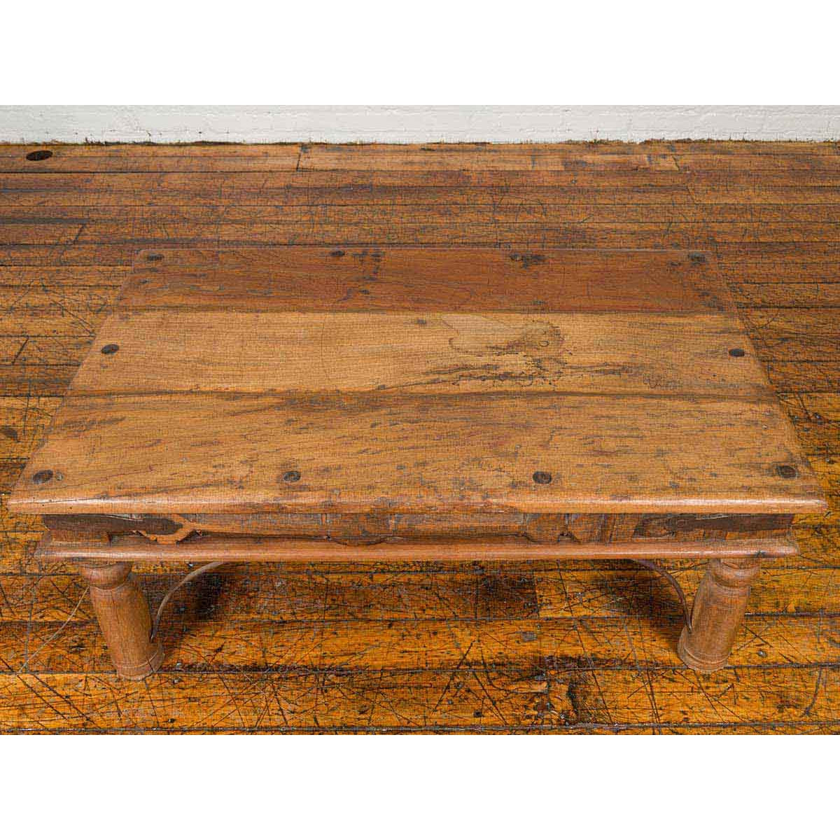 Rustic Indian Sheesham Wood Coffee Table with Nailhead Design and Baluster Legs-10. Asian &amp; Chinese Furniture, Art, Antiques, Vintage Home Décor for sale at FEA Home