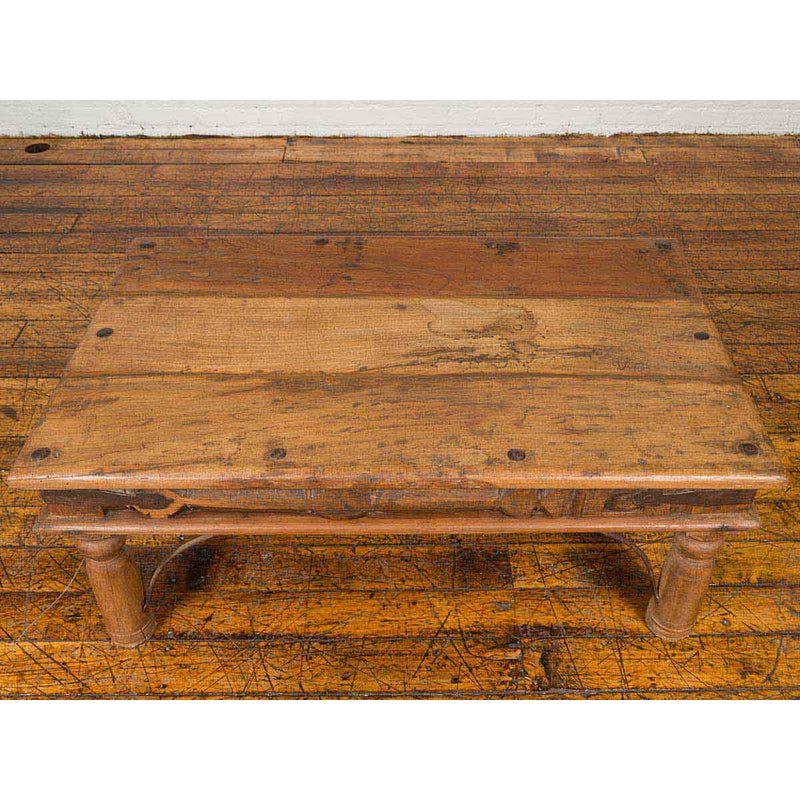 Rustic Indian Sheesham Wood Coffee Table with Nailhead Design and Baluster Legs-YN6706-10. Asian & Chinese Furniture, Art, Antiques, Vintage Home Décor for sale at FEA Home