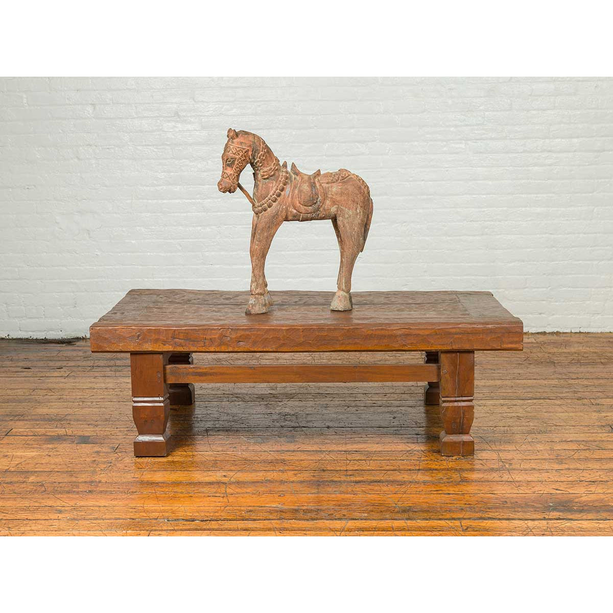 Primitive Wood Indonesian Coffee Table with Distressed Finish and Block Legs-3. Asian &amp; Chinese Furniture, Art, Antiques, Vintage Home Décor for sale at FEA Home