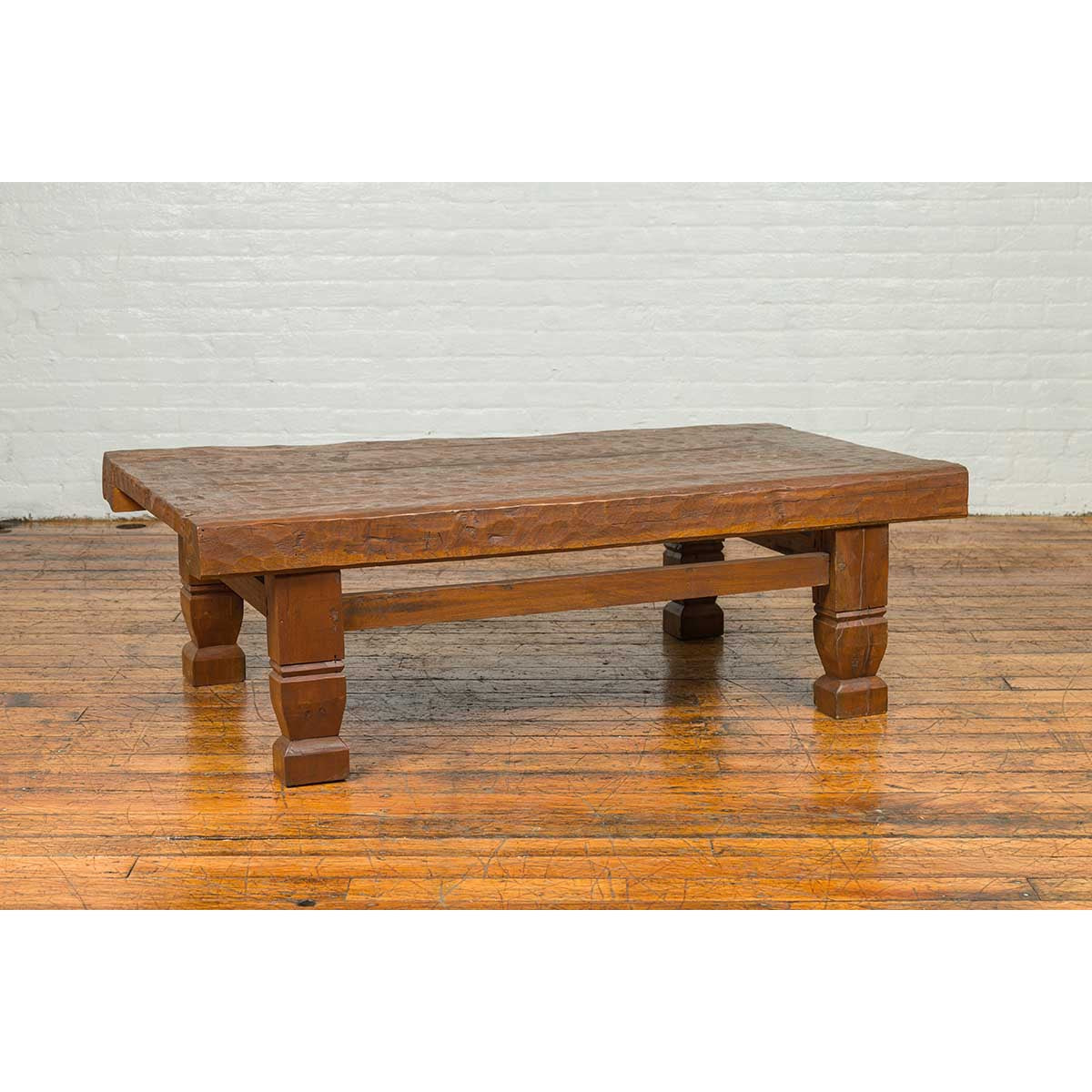 Primitive Wood Indonesian Coffee Table with Distressed Finish and Block Legs-12. Asian &amp; Chinese Furniture, Art, Antiques, Vintage Home Décor for sale at FEA Home