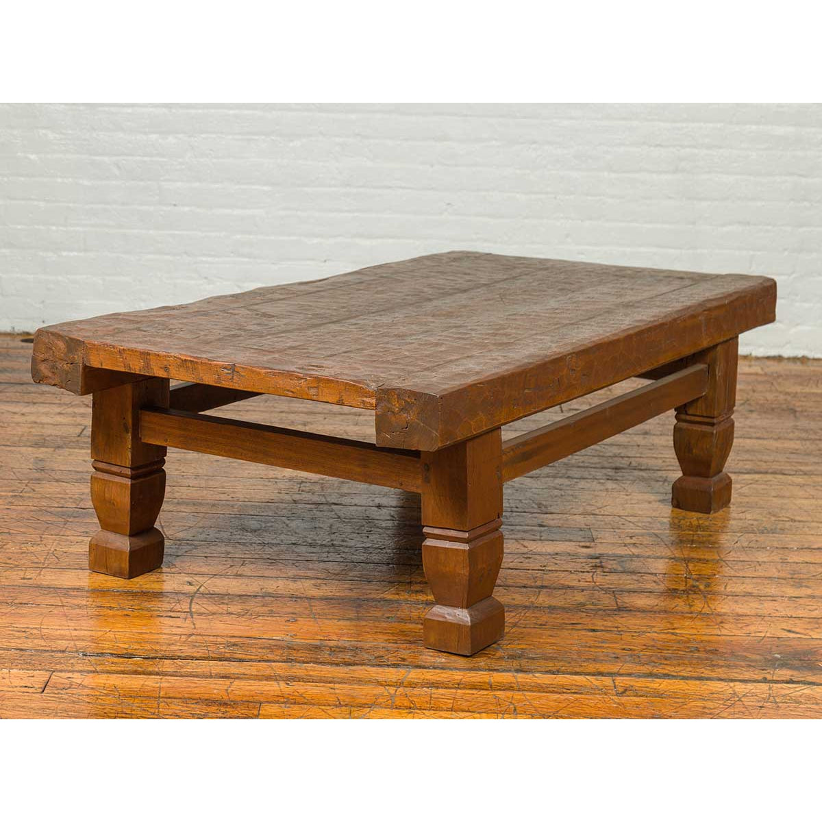 Primitive Wood Indonesian Coffee Table with Distressed Finish and Block Legs-4. Asian &amp; Chinese Furniture, Art, Antiques, Vintage Home Décor for sale at FEA Home