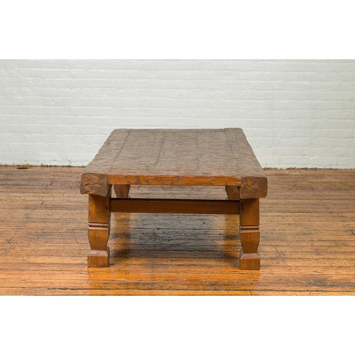 Primitive Wood Indonesian Coffee Table with Distressed Finish and Block Legs-6. Asian &amp; Chinese Furniture, Art, Antiques, Vintage Home Décor for sale at FEA Home