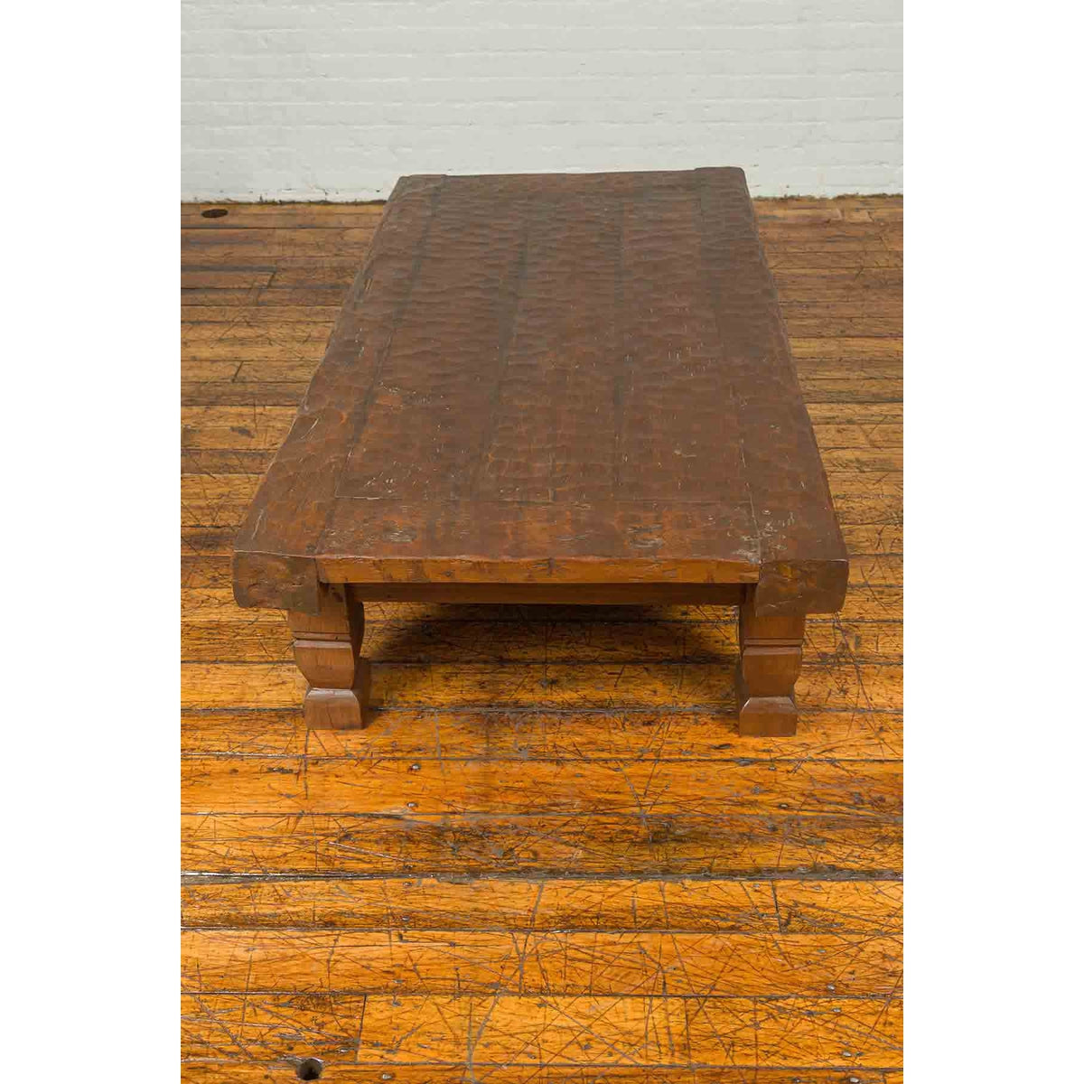 Primitive Wood Indonesian Coffee Table with Distressed Finish and Block Legs-9. Asian &amp; Chinese Furniture, Art, Antiques, Vintage Home Décor for sale at FEA Home
