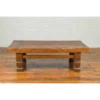 Primitive Wood Indonesian Coffee Table with Distressed Finish and Block Legs