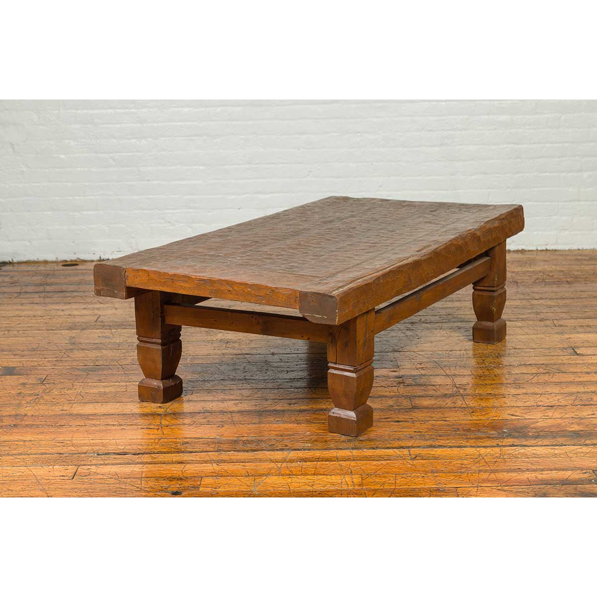 Primitive Wood Indonesian Coffee Table with Distressed Finish and Block Legs-7. Asian &amp; Chinese Furniture, Art, Antiques, Vintage Home Décor for sale at FEA Home
