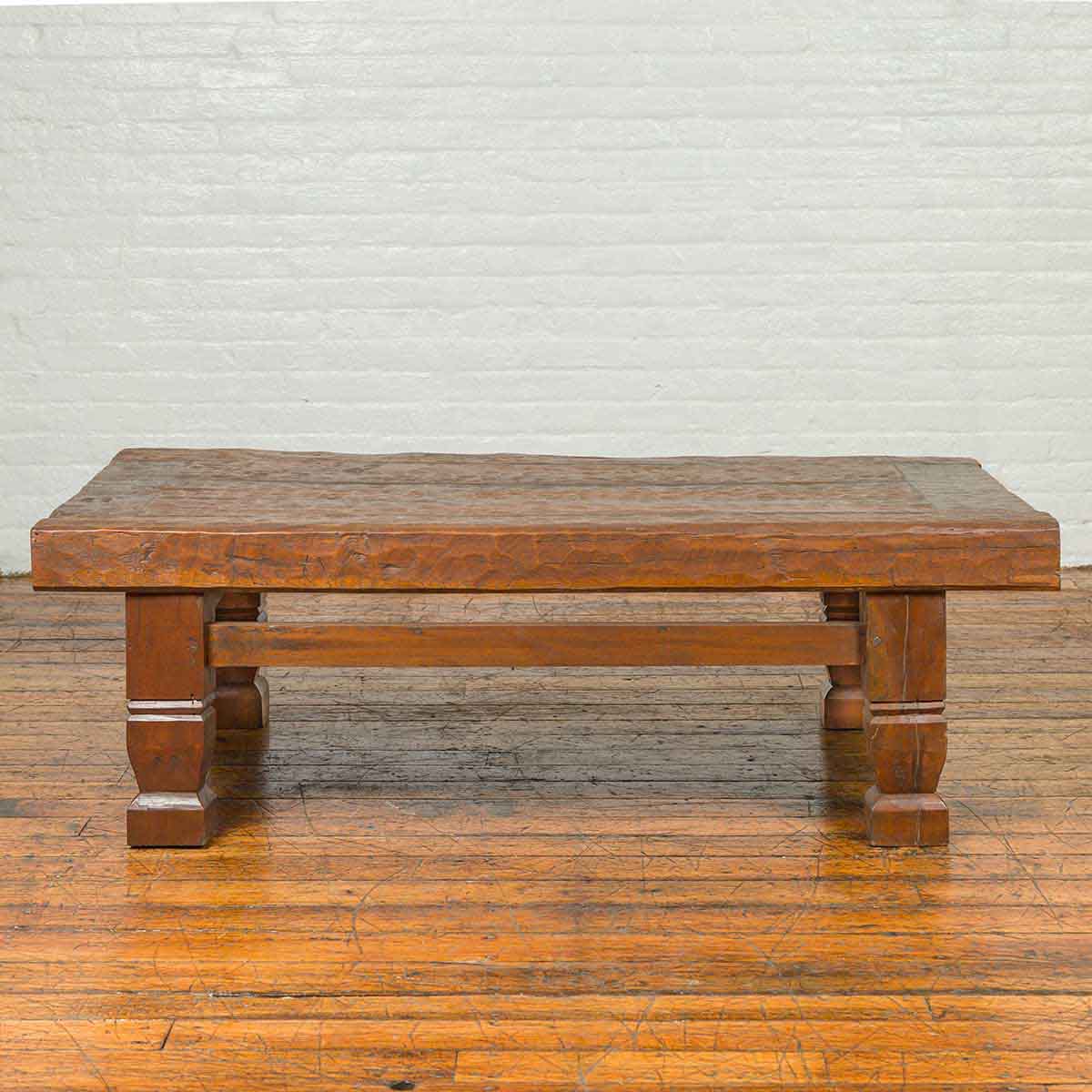 Primitive Wood Indonesian Coffee Table with Distressed Finish and Block Legs-2. Asian & Chinese Furniture, Art, Antiques, Vintage Home Décor for sale at FEA Home