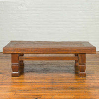 Primitive Wood Indonesian Coffee Table with Distressed Finish and Block Legs