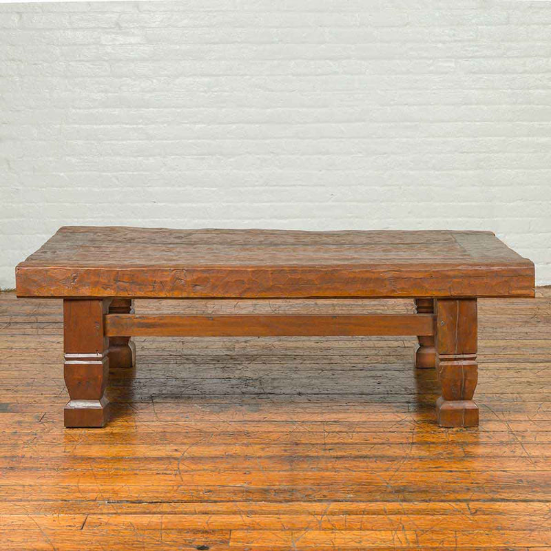 Primitive Wood Indonesian Coffee Table with Distressed Finish and Block Legs-YN6707-2. Asian & Chinese Furniture, Art, Antiques, Vintage Home Décor for sale at FEA Home