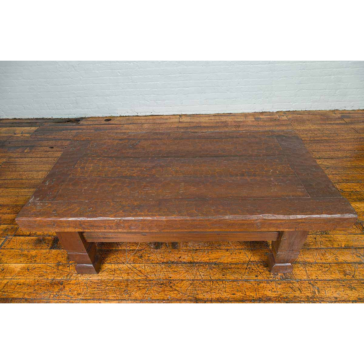 Primitive Wood Indonesian Coffee Table with Distressed Finish and Block Legs-10. Asian &amp; Chinese Furniture, Art, Antiques, Vintage Home Décor for sale at FEA Home