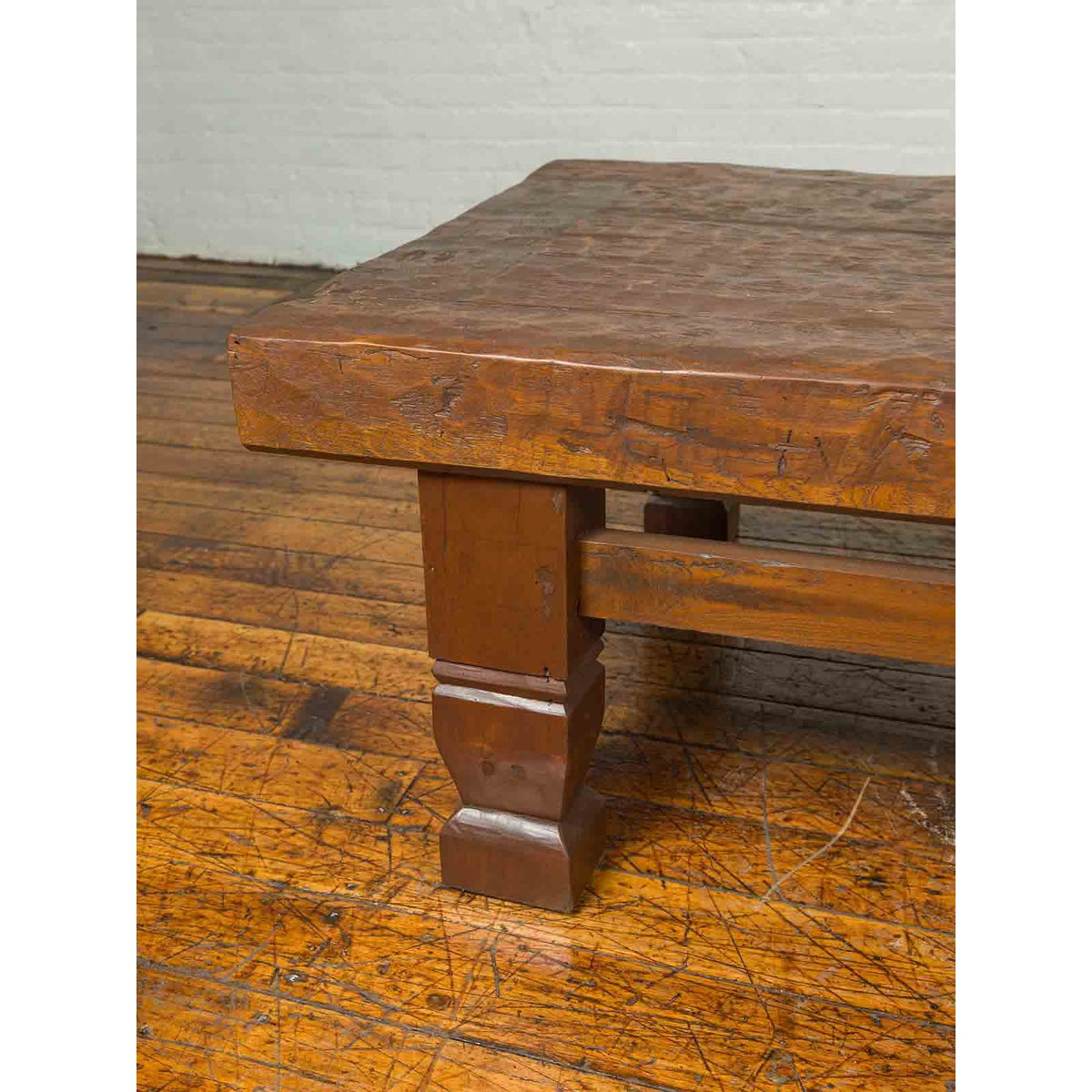 Primitive Wood Indonesian Coffee Table with Distressed Finish and Block Legs-8. Asian &amp; Chinese Furniture, Art, Antiques, Vintage Home Décor for sale at FEA Home