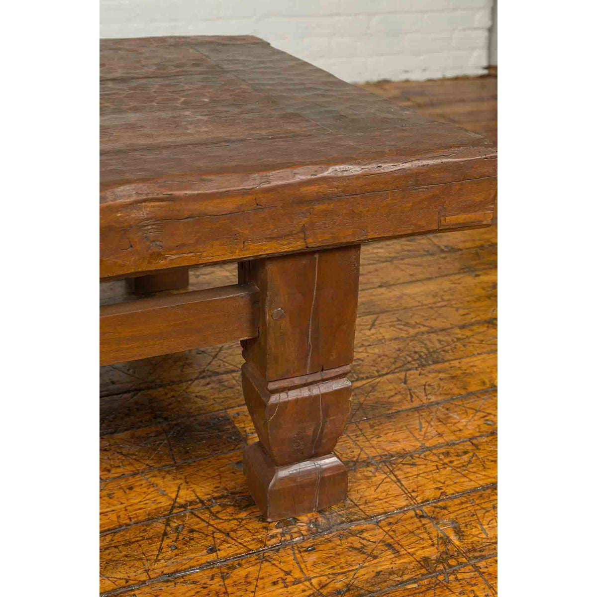 Primitive Wood Indonesian Coffee Table with Distressed Finish and Block Legs-11. Asian &amp; Chinese Furniture, Art, Antiques, Vintage Home Décor for sale at FEA Home