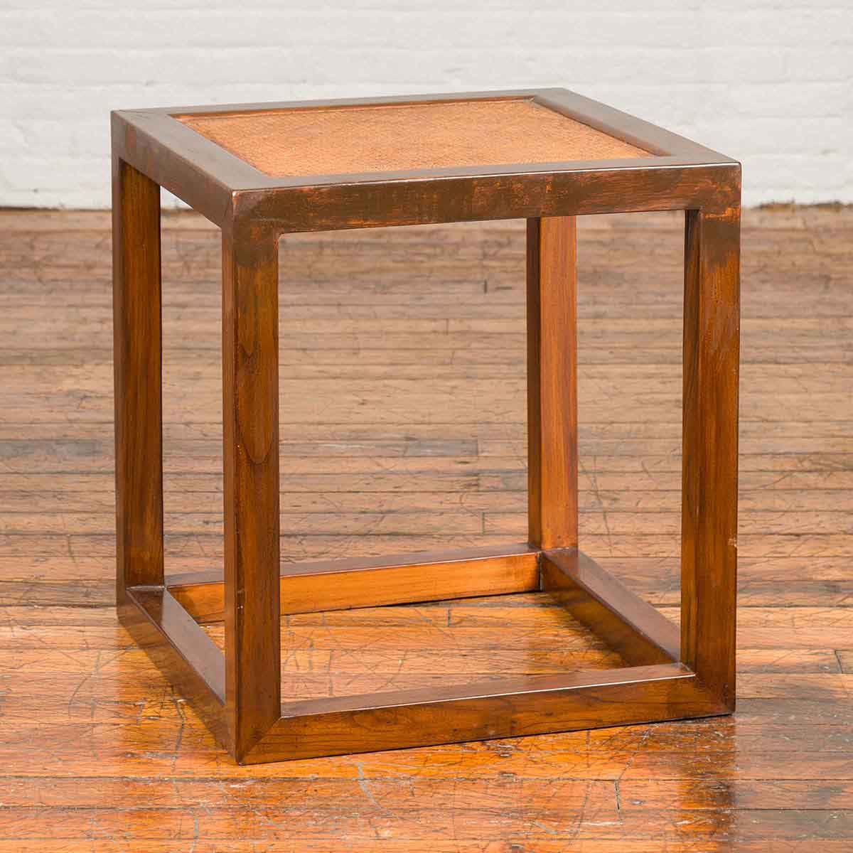 Chinese Vintage Cubic Side Table with Rattan Top, Straight Legs and Stretchers-2. Asian & Chinese Furniture, Art, Antiques, Vintage Home Décor for sale at FEA Home