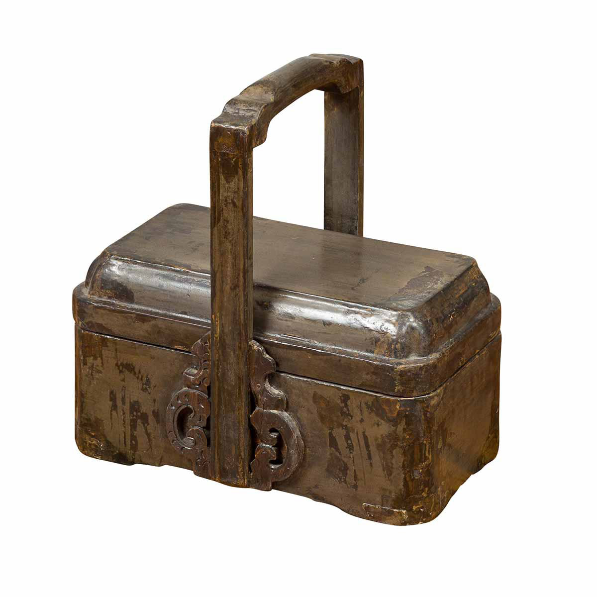 Chinese Antique Silver Colored Lidded Basket with Volutes and Distressed Finish-1. Asian & Chinese Furniture, Art, Antiques, Vintage Home Décor for sale at FEA Home